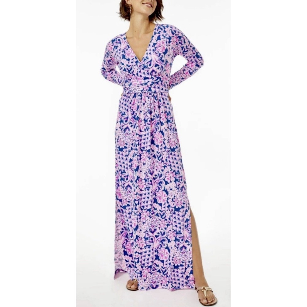 Lilly Pulitzer Nichola Maxi Dress XL Indigo Love You Bunches V-Neck Boho Floral